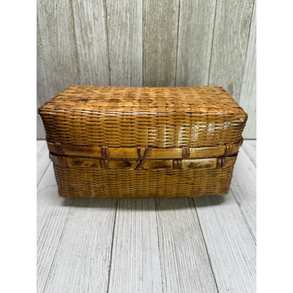 Vintage Woven Rattan Wicker Picnic Basket Storage Decor No Handles 7.5" x 4" - Picture 2 of 16